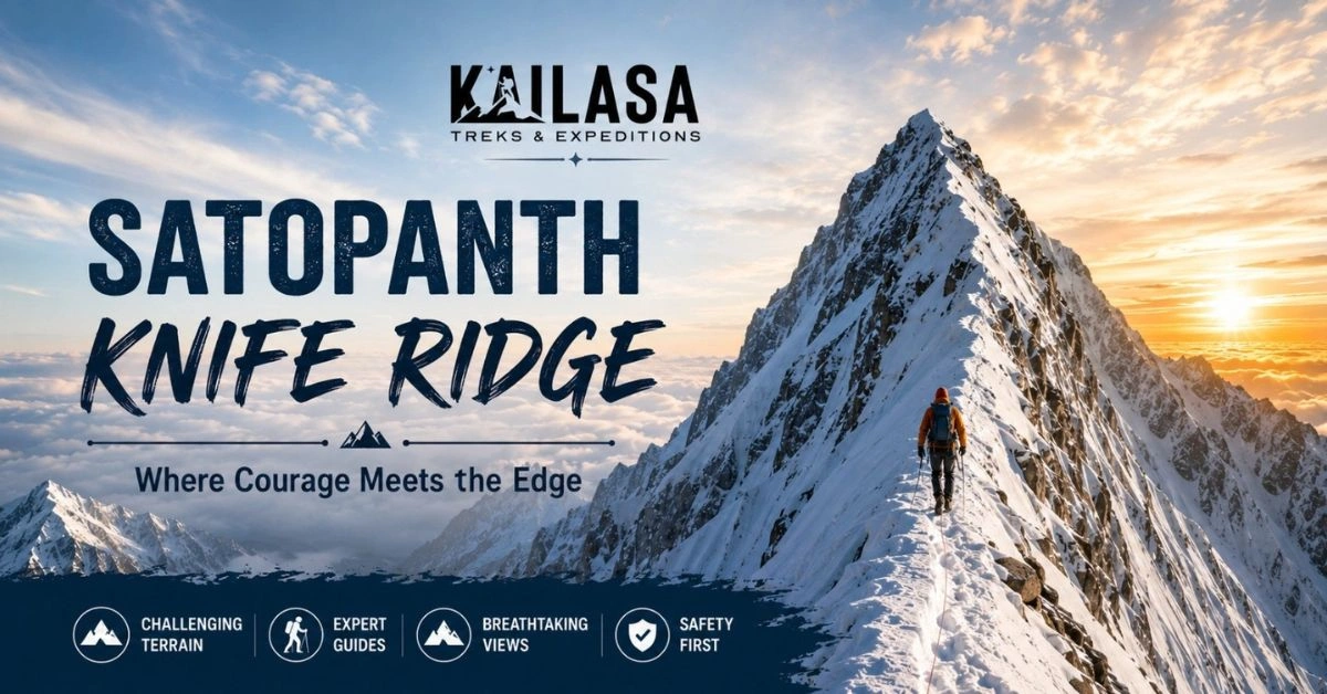 Mountaineer traversing a knife-edge ridge in the Garhwal Himalaya